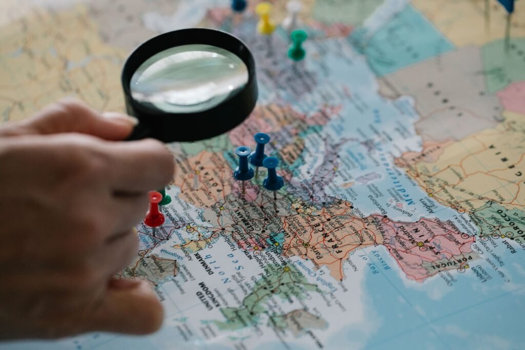 Location on a map Magnifying glass focuses on location
